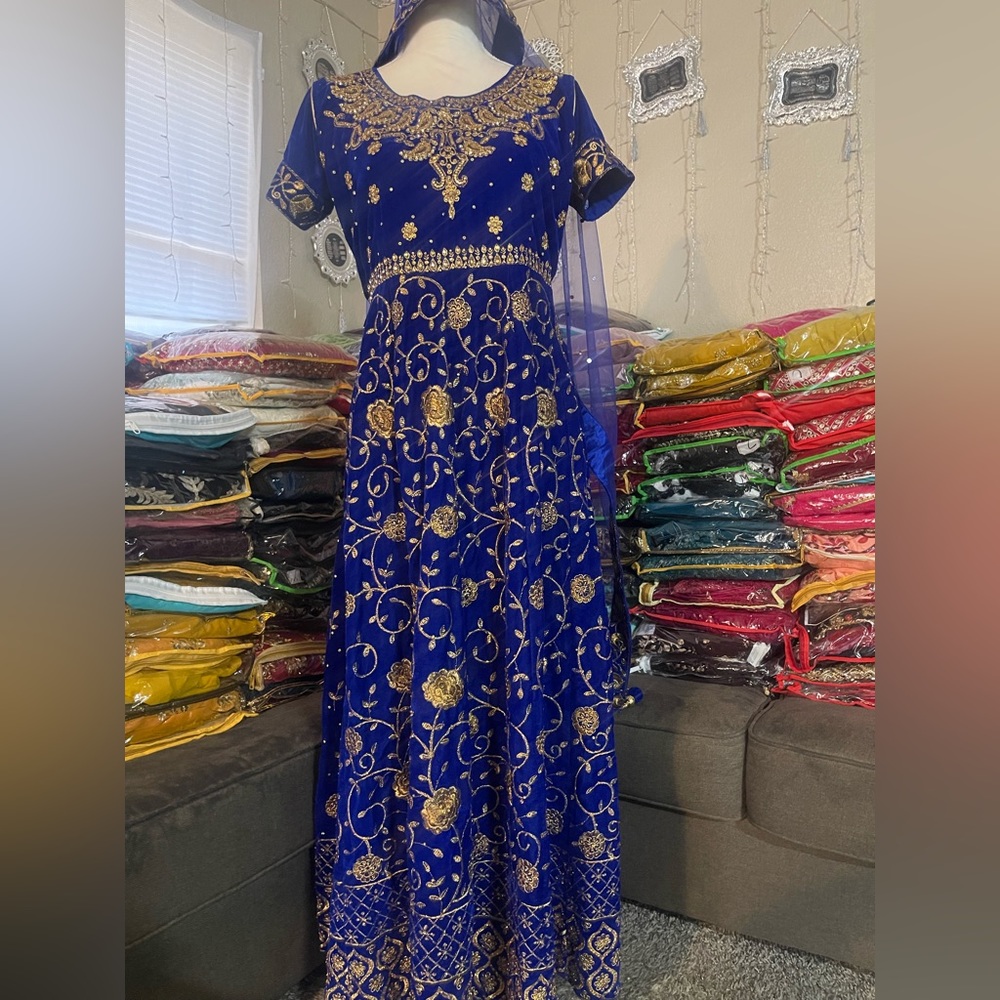 New Kameez Royal Blue with Gold Embroidery dupatta Maxi Dress